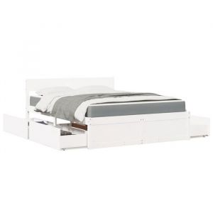 VidaXL Lit avec tiroirs et matelas blanc 160x200 cm bois massif de pin, meuble de chambre &agrave; coucher, lit en bois, lit avec tiroir, sommier