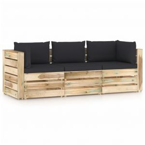 VidaXL Canapé de jardin 3 places avec coussins Bois imprégné de vert.
