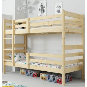 Lit superposé eric 90x200 Bois Massif, Pin naturel, Barrière, Sommier, Tiroir, Séparable en 2 lit (pin)