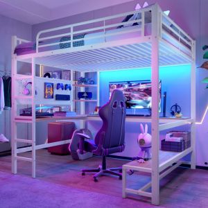 Lit mezzanine 140 x 200 cm, lit adulte avec bureau int&eacute;gr&eacute;, &eacute;tag&egrave;res, LED, prise USB‑Type‑C, m&eacute;tal et MDF, blanc