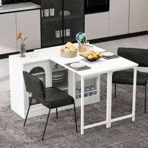 URBAN MEUBLE Table de bar retratable &agrave; 360&deg; avec portes en verre ondul&eacute; convertible &icirc;lot de cuisine blanc