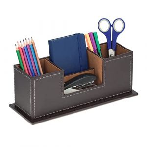 Relaxdays Organiseur de Bureau, Porte-Crayon 4 Compartiments, Similicuir, H x L x P: 11x29,5x11cm, Rangement, Noir
