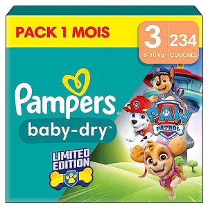Pampers Baby-Dry, Taille 3, 234 Couches, 6-10kg, A La Rescousse Contre Les Fuites Grâce A Une Protection Intégrale Jusqu'à 12h, Edition Limitée avec La Pat’Patrouille, Pack 1 Mois