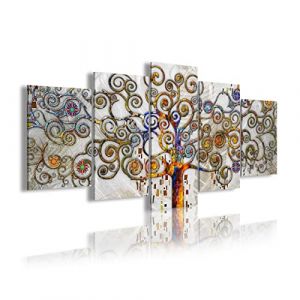 DekoArte 478- Impression Sur Toile Moderne D'Images Artistiques | Toile D&eacute;corative Pour Votre Salon Ou Votre Chambre | Style Art Abstrait Arbre De La Vie Gustav Klimt Argent&eacute; | 5 Pi&egrave;ces 200x100cm XXL