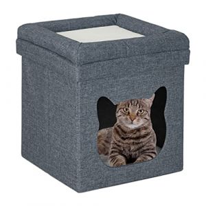 Relaxdays Grotte pour chat, pliable, avec coussin et couvercle, h x l x p : env. 44 x 40 x 40 cm, gris foncé & blanc