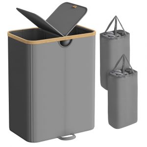 Songmics Panier à linge à 2 compartiments 150 l avec couvercle gris et beige