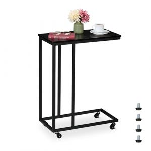 Relaxdays Table d'appoint en Forme de C, roulettes, mélange de matériaux, H x L x P : 79 x 60 x 30 cm, Noire