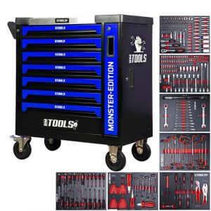 Servante d'atelier BM TOOLS 9/7 MONSTER-EDITION-BLUE 7 tiroirs pleins, 1 porte & 1 tiroir vertical - 257 outils - Sur roulettes