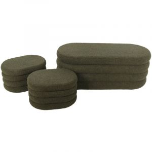 Sweeek - Banc coffre en bouclettes kaki avec 2 poufs ovales de rangement intégrés - L111cm