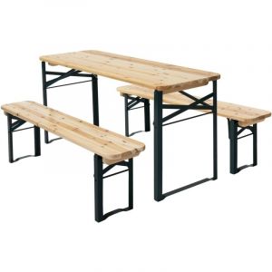 Ml-design - Ensemble de Jardin pour Enfants 3 pcs, Pliable, Naturel/Vert, Bois Massif et Métal, 2 Bancs et 1 Table, Style Rustique, Idéal pour Jouer
