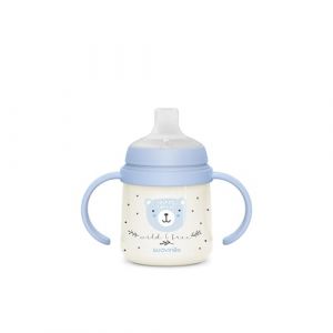 Suavinex Tasse Apprentissage B&eacute;b&eacute;, Biberon avec Poign&eacute;e, Brillent dans le Noir, Gobelet avec Bec Anti-fuites en Silicone, avec Valve Anti-Colique, pour B&eacute;b&eacute;s +6 Mois, Id&eacute;al Nuit, 150 ml, Bleu