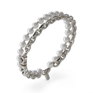 Bracelet Edgy Styles Acier Rhodi&eacute; Double Rang Cha&icirc;ne Et Perles