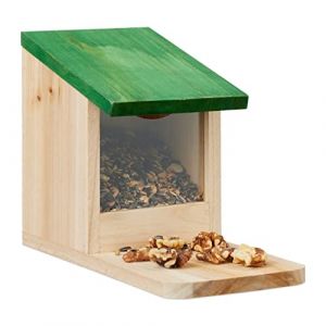 Relaxdays Mangeoire pour écureuils, en Bois, Toit ouvrant, H x L x P : 17,5 x 12 x 25 cm, Nature et Vert