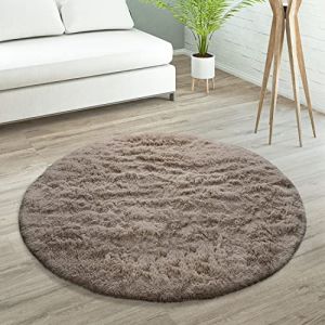 Tapis De Salon Poils Longs Fausse Fourrure Shaggy Moelleux Monochrome, Dimension:160 cm Rond, Couleur:Taupe