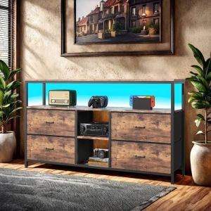 Buffet 4 tiroirs 3 etag&egrave;res, Buffet bas avec LED, Buffet de salon, Meuble TV, Cadre en m&eacute;tal, Meuble de rangement, Brun
