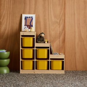 Meuble de rangement enfant escalier 6 bacs de rangement d&eacute;cor bois naturel et moutarde - Sora