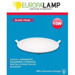 Europalamp Spot Encastrable LED Rond Extra-Plat 15W - Blanc Froid 6000K - Blanc Froid 6000K