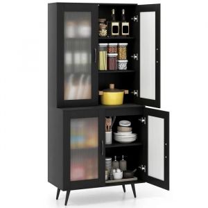 Buffet De Cuisine 178,5 Cm Costway, 4 Portes Transparentes, &Eacute;tag&egrave;re R&eacute;glable, Pieds En M&eacute;tal, Meuble De Rangement Pour Salon, Noir