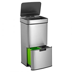 Wellhome - well home Poubelle de tri 72L (47L+25L), poubelle &agrave; 2 compartiments, ouverture automatique avec capteur, en inox, chrom&eacute;