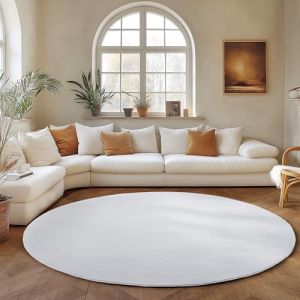 Tapis SIMPEX Rond 120 cm Poils Courts Lavable Doucement Antidérapant et Design Moderne pour Salon Chambre Blanc