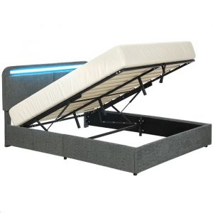 Homcom Lit coffre - 140 x 190 cm - &eacute;clairage LED, t&ecirc;te de lit r&eacute;glable, sommier &agrave; lattes en bois - polaire Teddy - gris