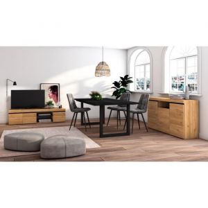 Skraut Home - Ensemble de meubles de salon | Table 200 Noire pieds U 10 convives | Meuble TV 160 | Buffet 140 | Chêne et Noir