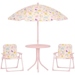 Ensemble salon de jardin ext&eacute;rieur enfant - AIYAPLAY - motif arc-en-ciel et fleur parasol r&eacute;glable, chaise pliable - rose p&acirc;le
