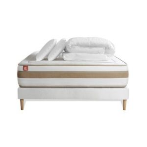 Pack matelas sommier kit Blanc Le Raffiné Ressorts ensac s et mémoire de forme avec 2 oreillers et couette