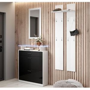 Design Ameublement - Meuble à Chaussures avec led Meuble d'entrée Portemanteau Miroir 105 x 89 x 24cm 2 portes 1 tiroir Modèle Paola Blanc brillant