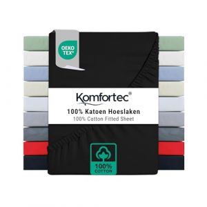 Komfortec Drap Housse Lit 140x200 cm - Jersey 100% Coton 135g/m&sup2; - Certifi&eacute; Oeko-Tex - Bonnet 30 cm - Drap Lit avec &Eacute;lastique pour Matelas &Eacute;pais - Noir