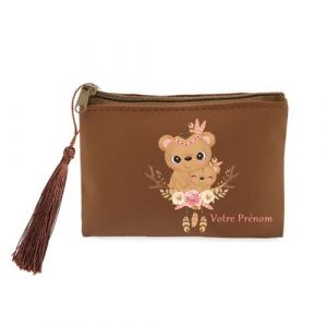 Porte monnaie et porte cles marron Taperso avec motif ourson et sa maman personnalisable