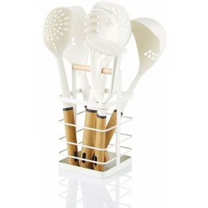 Swan Nordic Ustensiles de Cuisine en Nylon 6 Pièces + Panier, Poignées Effet Bois Nordic Blanc 48742