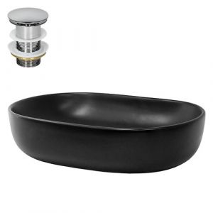 ML-Design Lavabo à Poser en Céramique Noir Mat, 600 x 425 x 145 mm, Ovale, avec Bouchon de