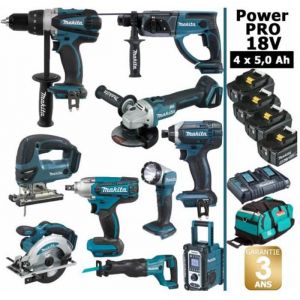 Image de Makita Pack Power PRO 10 outils 18V: DDF458 DHR202 DGA504 DTW190 DTD152 DJV180 DSS610 DJR186 DMR108 DEADML802 + 4 batt 5Ah + sac