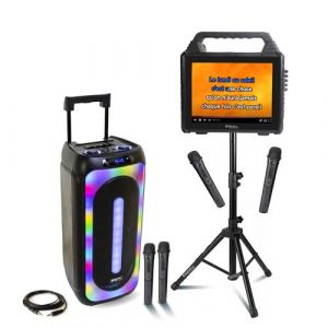 Pack Karaoké Enceinte USB Bluetooth sur Batterie 1000W Mooving MS-MAGIC-SOUND1000 - Enceinte Écran Portable sur Pied - 4 Micros VHF