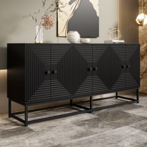 Buffet noir 160cm, 3 portes doubles, meuble de rangement en panneau de particules, noir mat, pieds en m&eacute;tal noir