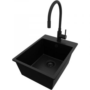 Primagran - Evier Cuisine en Granit Tout Noir 38x50cm, Lavabo 1 bac + Kit de Vidage + Robinet, &Eacute;vier &agrave; Encastrer au meuble 40cm - Riga de