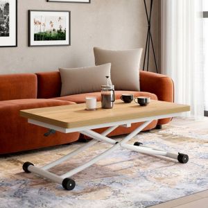 Idmarket Table basse 2-en-1 relevable en table à manger 6-8 personnes plateau portefeuille urbana plateau façon hêtre pied blanc