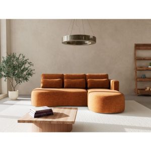 Canapé d'angle droit convertible 4 places en tissu texturé terracotta