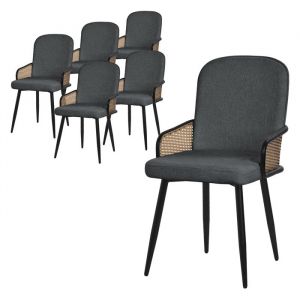 ML-Design Lot de 6 Chaises de Salle &agrave; Manger en Tissu Anthracite, Accoudoirs en Rotin et Pieds en M&eacute;tal Noir, Assise Rembourr&eacute;e Confortable,