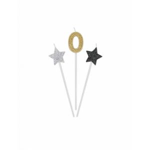 3 Bougies Danniversaire Chiffre Dor&eacute;es, Argent&eacute;es Et Noires 16 Cm Chiffre 2 Neuf