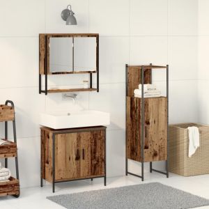 Ensemble de meubles de salle de bain - 3 pi&egrave;ces - Bois reconstitu&eacute; - Finition vintage - Miroir inclus