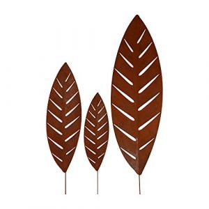 UNUS GARDEN &ndash; Lot de 3 d&eacute;corations de jardin piquets en m&eacute;tal rouill&eacute; motif feuilles de palmier pour jardin terrasse ou balcon.