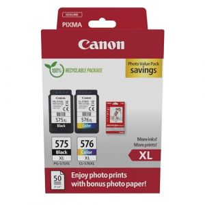 Canon PG-575XL/CL-576XL Photo Paper Value Pack - Pack de 2 - à rendement élevé - noir, couleur (cyan, magenta, jaune) - original - boîte de suspension - jeu de papier / cartouche d'encre - pour PIXMA TR4750i, TR4751i, TS3550i, TS3551i