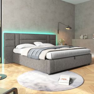 Image de Lit coffre rembourr&eacute; 180x200cm en similicuir - avec led et sommier &agrave; lattes - Gris