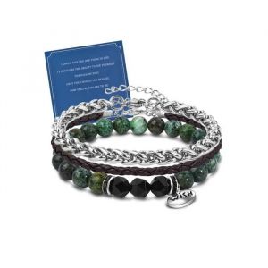 Bracelet Homme Coffret Cadeau Lot De 3 Pi&egrave;ces En Cuir V&eacute;ritable Acier Inoxydable Et Pierres Naturelles Turquoise Obsidienne Noir