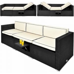 Deuba Canap&eacute; &bull; ensemble en polyrotin noir avec coussins et table &bull; fonction transat - Bain de soleil, salon de jardin, lounge