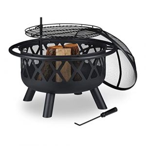 Relaxdays Brasero avec grillage, avec protection étincelles & tisonnier, terrasse, D 75 cm, jardin et terrasse, noir