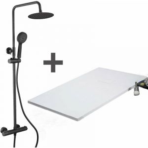 Stano Pack Receveur de douche 80 x 140 cm extra plat Blanc + Colonne de douche thermostatique Finition noir mat - Finition noir mat