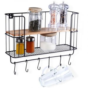 Awelco Industrial wall mounted shelf with hooks and wooden plate 8239339